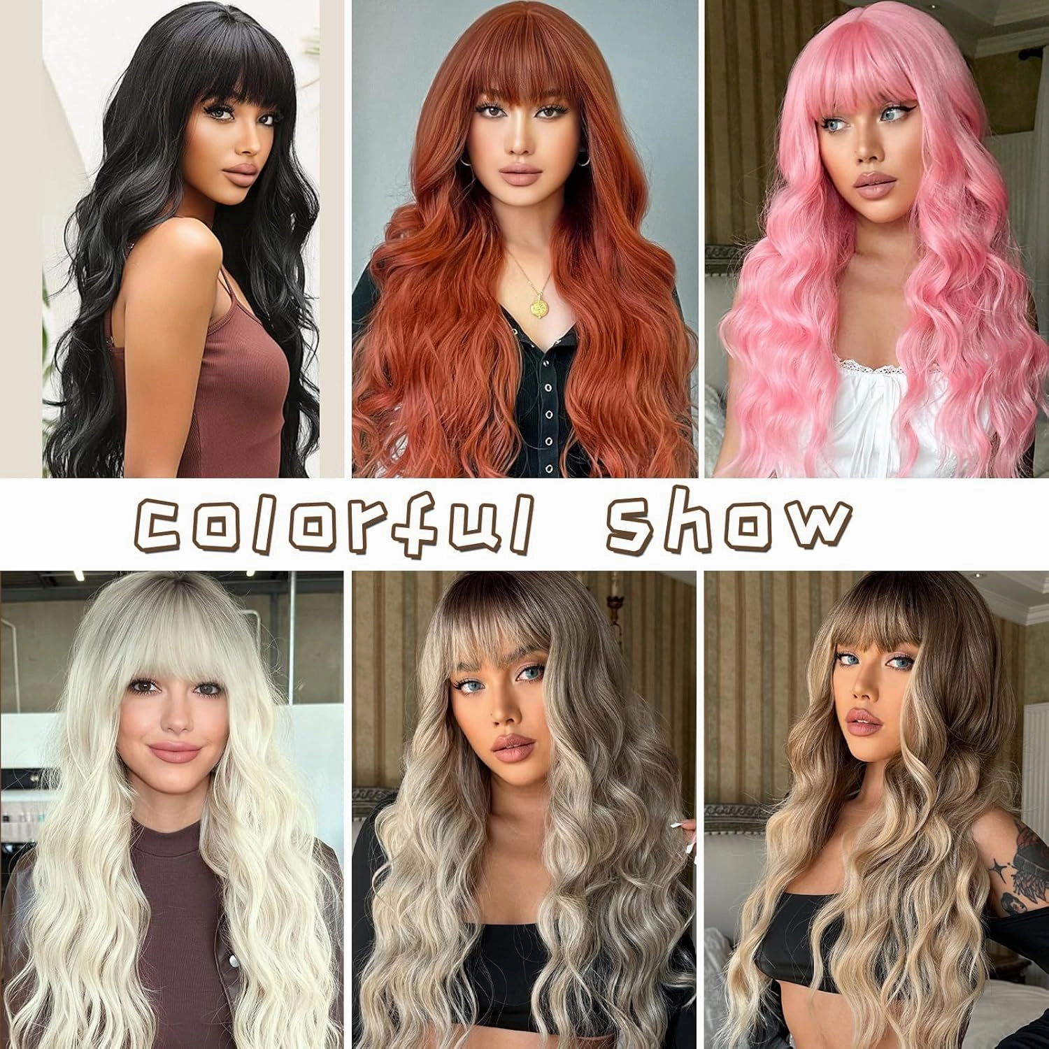 Long Pink Wig with Bangs Light Pink Wigs for Women,Wavy Wig Heat Resistant Synthetic Fiber Wigs for Halloween Cosplay, Daily Party