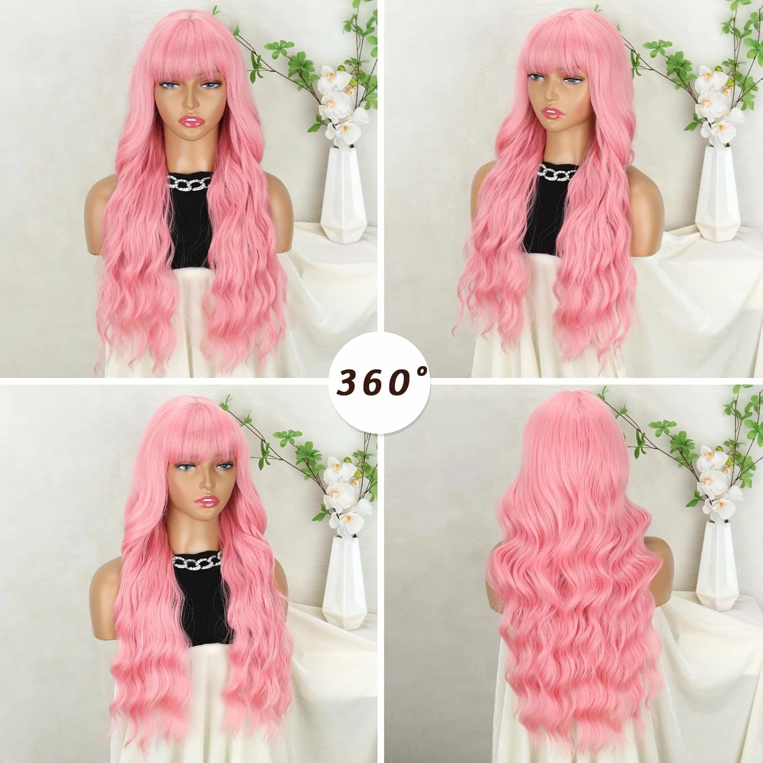Long Pink Wig with Bangs Light Pink Wigs for Women,Wavy Wig Heat Resistant Synthetic Fiber Wigs for Halloween Cosplay, Daily Party