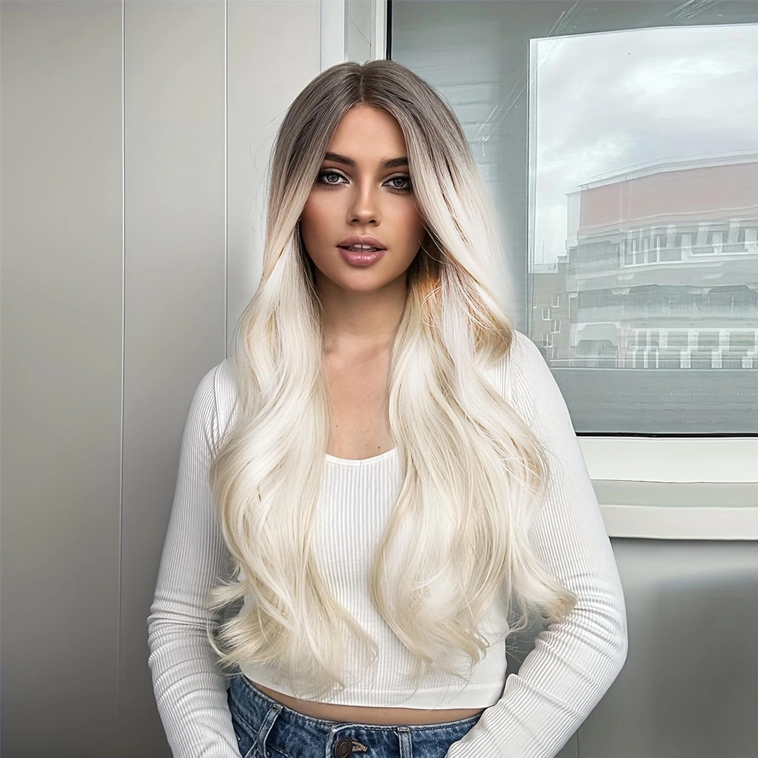 Long Platinum Blonde Wigs for Women White Wig 26inch Wavy Curly Middle Part Lace Wig Upgraded Protein Fiber Hair Replacement Wig Cosplay Costume Halloween