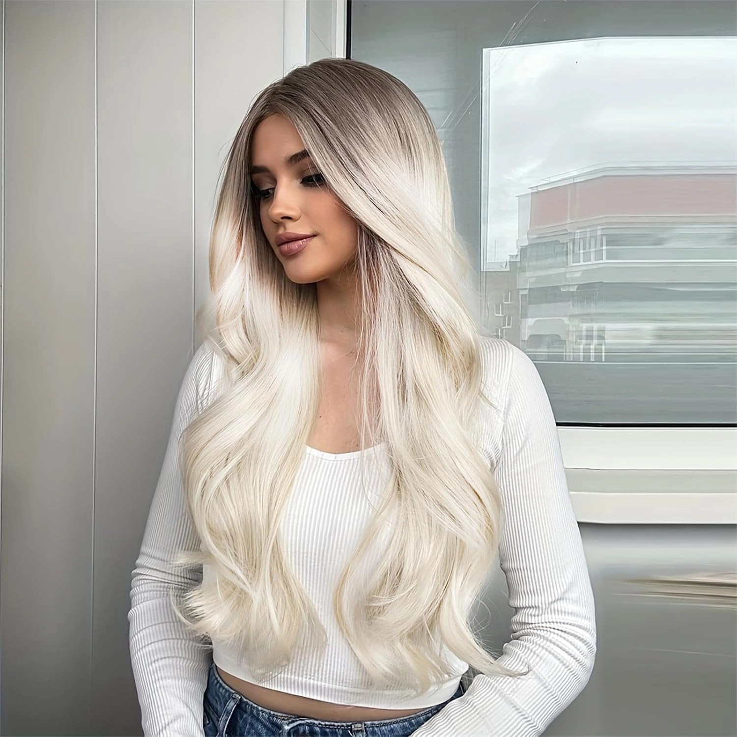 Long Platinum Blonde Wigs for Women White Wig 26inch Wavy Curly Middle Part Lace Wig Upgraded Protein Fiber Hair Replacement Wig Cosplay Costume Halloween