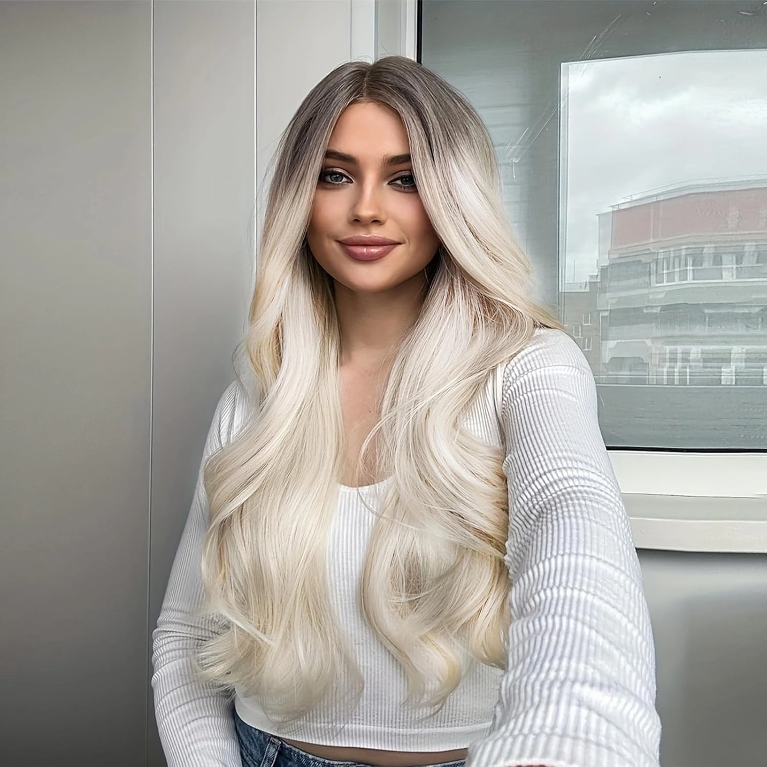 Long Platinum Blonde Wigs for Women White Wig 26inch Wavy Curly Middle Part Lace Wig Upgraded Protein Fiber Hair Replacement Wig Cosplay Costume Halloween