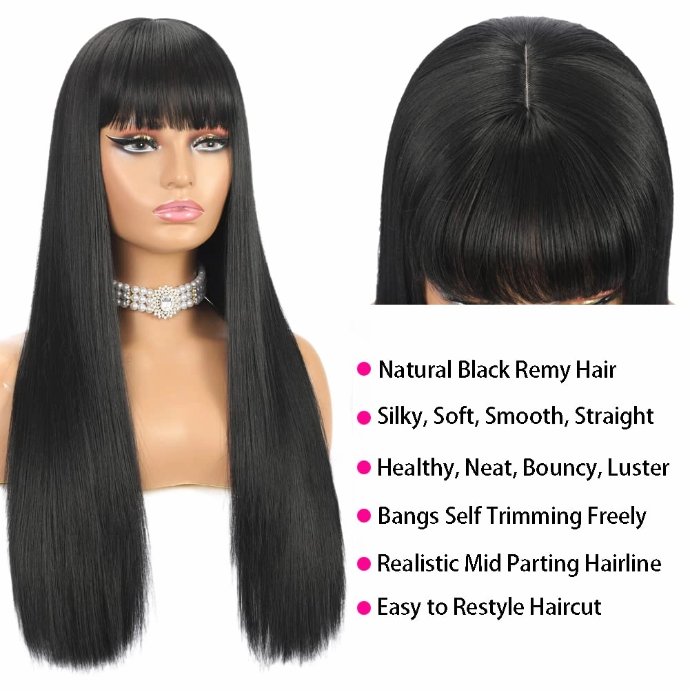 Long Straight Wig with Bangs Natural Black Wigs for Women Fashion Silky Soft Smooth Remy Hair Heat Resistant Fiber Synthetic Wigs Machine Made Glueless Full Wig 24 Inch Regular Everyday Wig