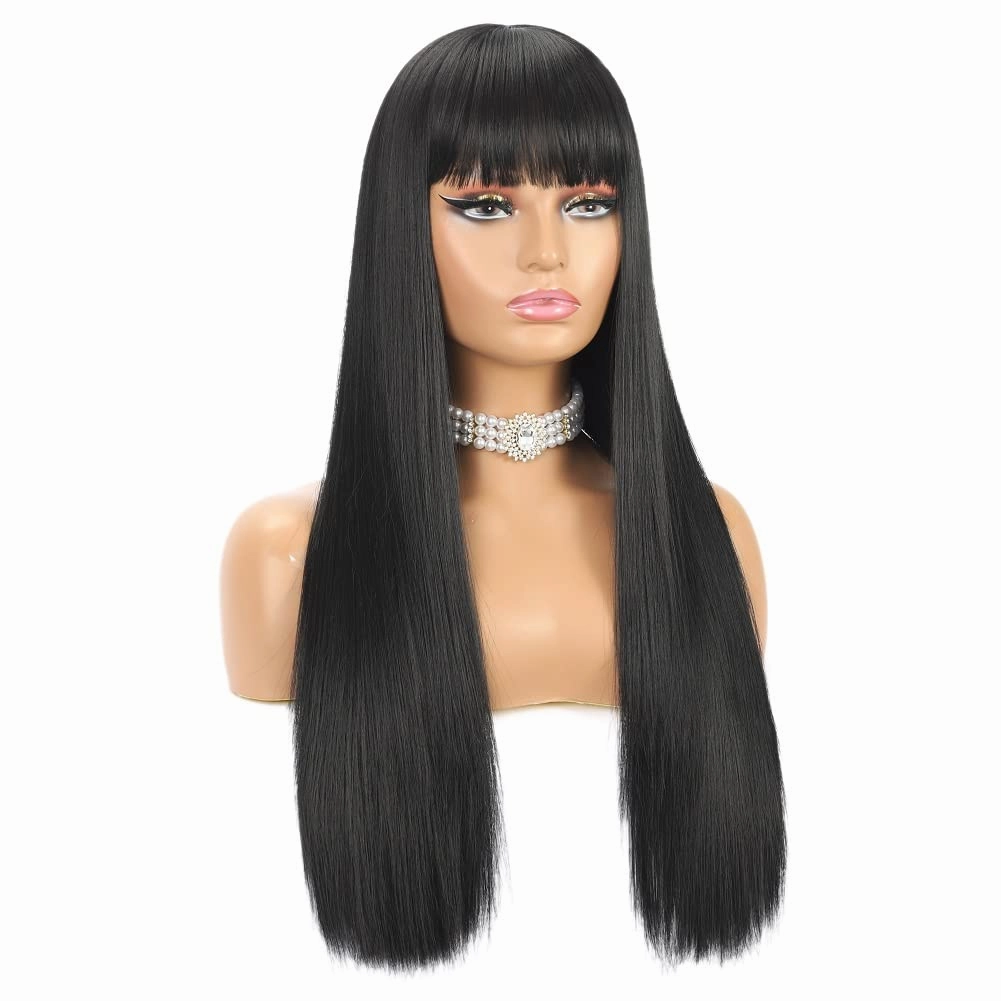 Long Straight Wig with Bangs Natural Black Wigs for Women Fashion Silky Soft Smooth Remy Hair Heat Resistant Fiber Synthetic Wigs Machine Made Glueless Full Wig 24 Inch Regular Everyday Wig