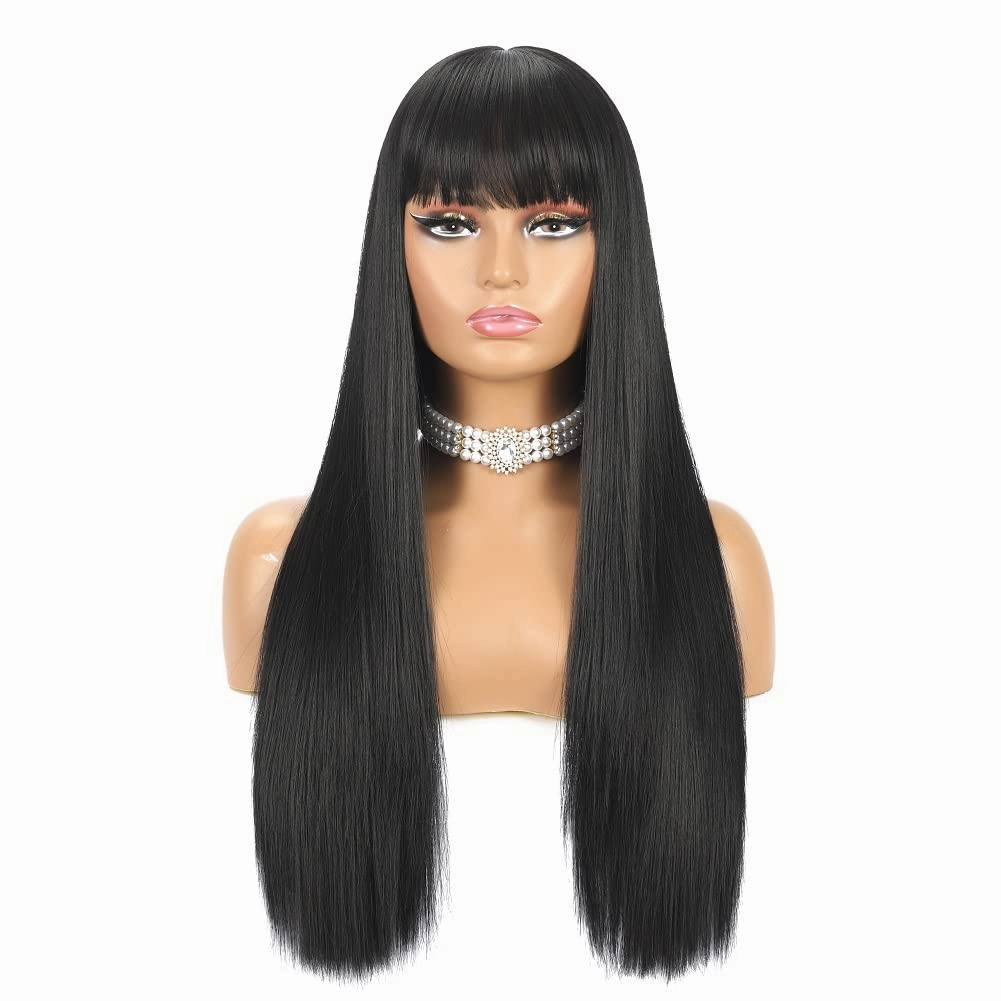 Long Straight Wig with Bangs Natural Black Wigs for Women Fashion Silky Soft Smooth Remy Hair Heat Resistant Fiber Synthetic Wigs Machine Made Glueless Full Wig 24 Inch Regular Everyday Wig