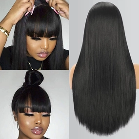 Long Straight Wig with Bangs Natural Black Wigs for Women Fashion Silky Soft Smooth Remy Hair Heat Resistant Fiber Synthetic Wigs Machine Made Glueless Full Wig 24 Inch Regular Everyday Wig