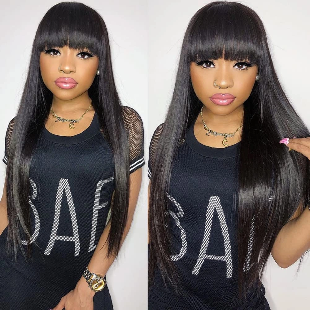 Long Straight Wig with Bangs Natural Black Wigs for Women Fashion Silky Soft Smooth Remy Hair Heat Resistant Fiber Synthetic Wigs Machine Made Glueless Full Wig 24 Inch Regular Everyday Wig