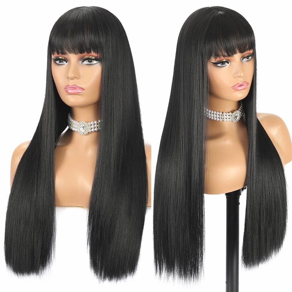 Long Straight Wig with Bangs Natural Black Wigs for Women Fashion Silky Soft Smooth Remy Hair Heat Resistant Fiber Synthetic Wigs Machine Made Glueless Full Wig 24 Inch Regular Everyday Wig