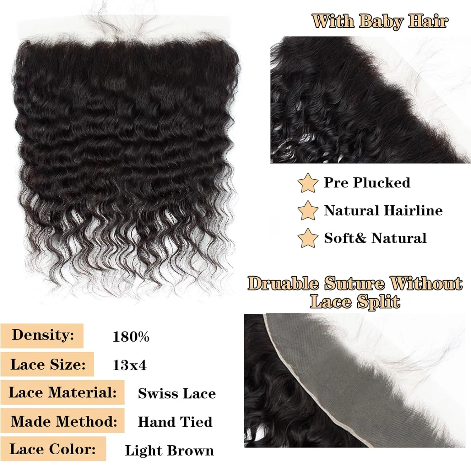 Loose Wave 13x4 Ear to Ear Lace Frontal Closure 100% Unprocessed Virgin Remy Loose Deep Wave Human Hair Swiss Lace Frontal Closure Bleached Knots Pre Plucked With Baby Hair Natural Color(12 Inch)
