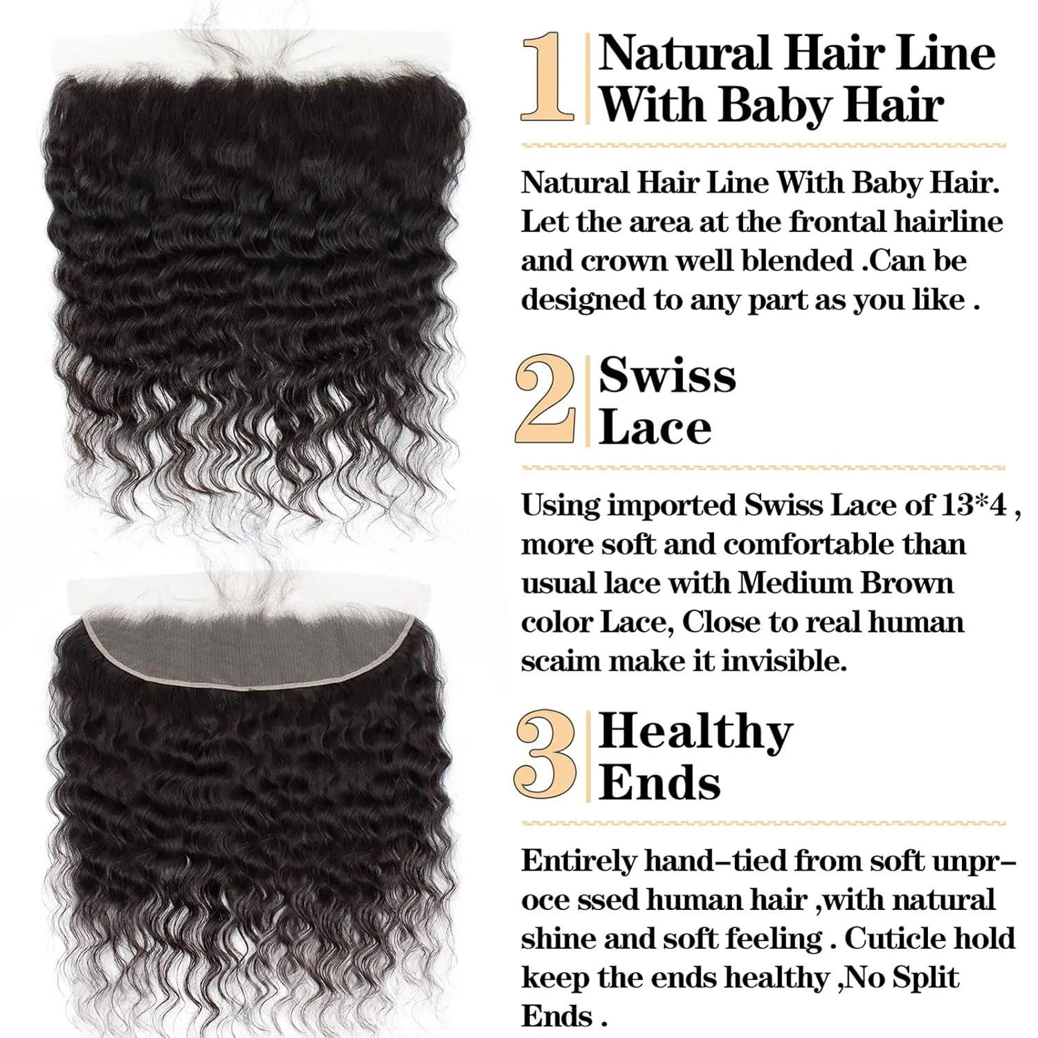 Loose Wave 13x4 Ear to Ear Lace Frontal Closure 100% Unprocessed Virgin Remy Loose Deep Wave Human Hair Swiss Lace Frontal Closure Bleached Knots Pre Plucked With Baby Hair Natural Color(12 Inch)