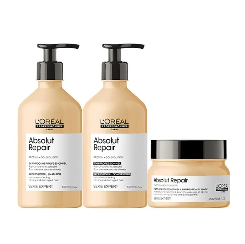 L'Oréal Professionnel Absolut Repair Shampoo, Conditioner & Hair Mask Set - Protein Hair Treatment For Dry, Damaged Hair, Repairs Damage & Provides Shine With Quinoa & Proteins