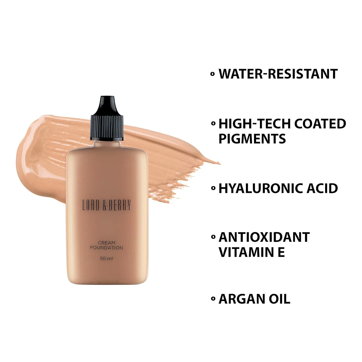 Lord & Berry CREAM FOUNDATION Fluid Foundation, Long Lasting Waterproof Coverage Foundation Enriched With Vitamin E and Argon Oil
