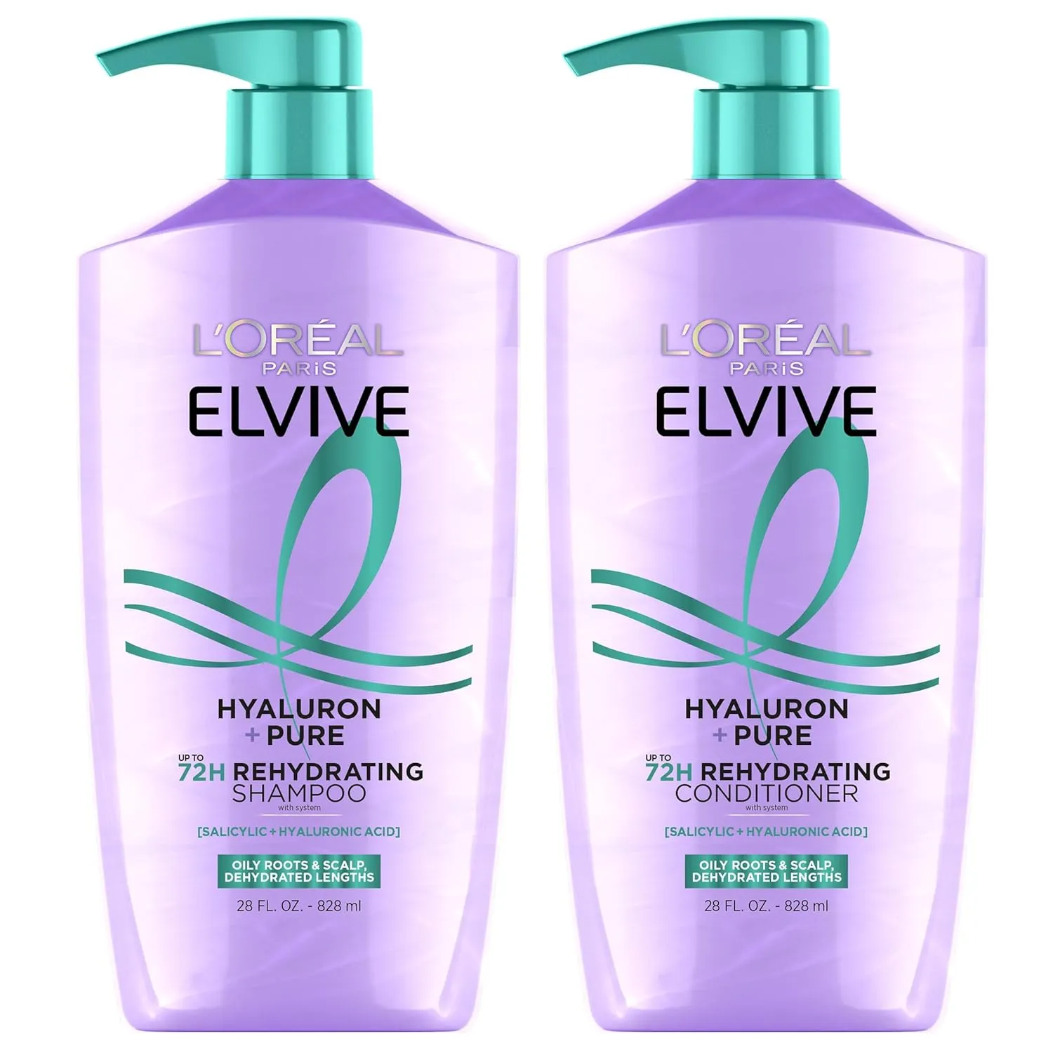 L'Oreal Paris Elvive Hyaluron   Pure Shampoo and Conditioner Set, Clarifying Shampoo and Rehydrating Conditioner with Salicylic Acid and Hyaluronic Acid, 1 Kit