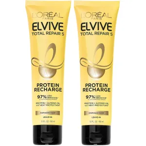 L'Oreal Paris Elvive Total Repair 5 Protein Recharge Leave In Conditioner Treatment, and Heat Protectant, 2 pack, (5.1 Ounce each) (Packaging May Vary)