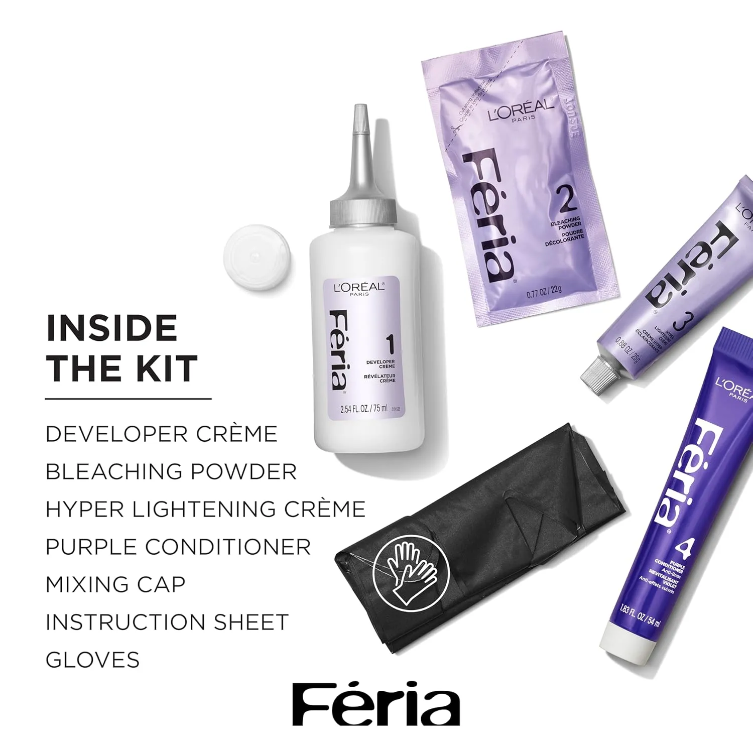 L'Oreal Paris Feria Hyper Platinum Advanced Lightening System Hair Bleach, Lifts Up To 8 Levels, Includes Anti Brass Purple Conditioner, 1 Hair Dye Kit