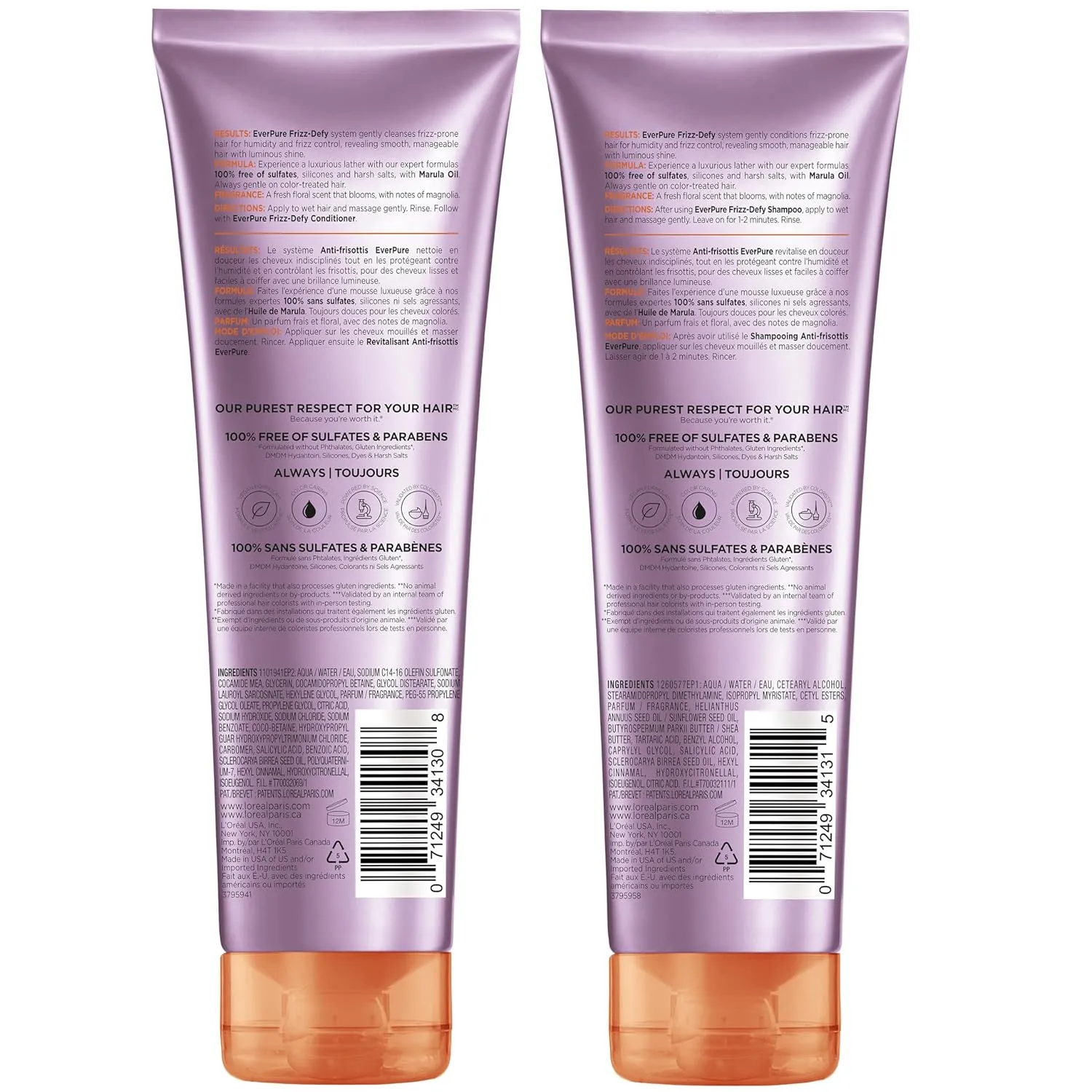 L'Oreal Paris Frizz Defy Shampoo and Conditioner Set, Frizz Control Hair Care with Marula Oil, EverPure, 8.5 Fl Oz, Set of 2