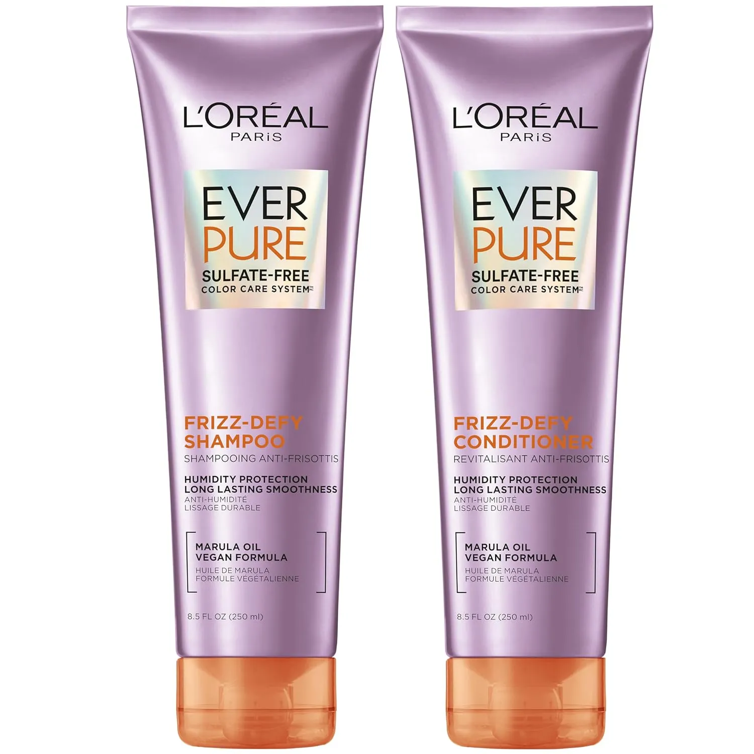 L'Oreal Paris Frizz Defy Shampoo and Conditioner Set, Frizz Control Hair Care with Marula Oil, EverPure, 8.5 Fl Oz, Set of 2