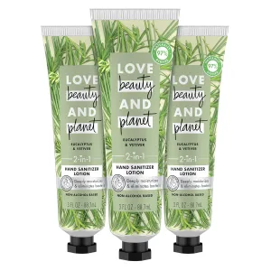 Love Beauty And Planet 2-in-1 Hand Sanitizer Lotion Moisturizer for Dry Hands Eucalyptus & Vetiver Vegan, Non-Alcohol Based, Dye & Paraben Free, Skin care, 3 Oz, 3 Count