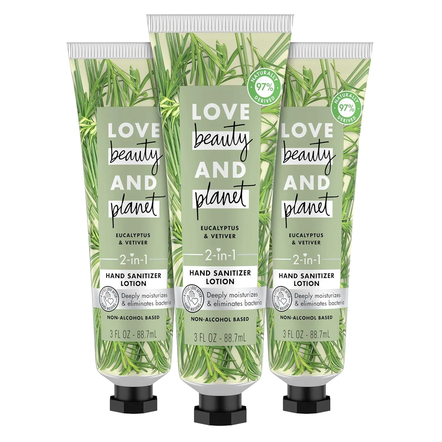 Love Beauty And Planet 2-in-1 Hand Sanitizer Lotion Moisturizer for Dry Hands Eucalyptus & Vetiver Vegan, Non-Alcohol Based, Dye & Paraben Free, Skin care, 3 Oz, 3 Count