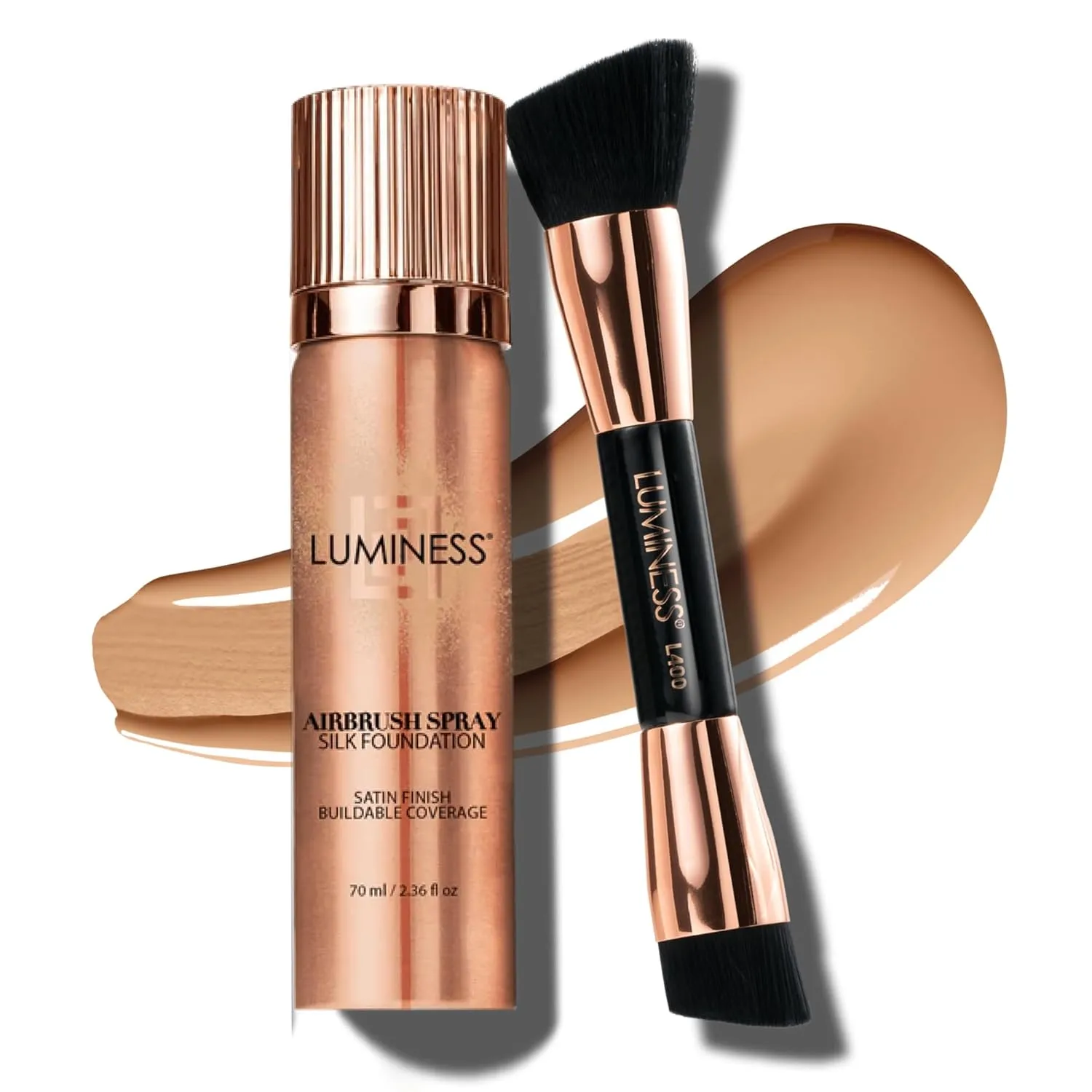 LUMINESS Face Time All In One Makeup Kit - Includes Face Palette, Airbrush Foundation, and Makeup Brush - Long-Wearing, Silky, Soft, Easy to Blend, 3-PC Make Up Set (05 - Medium Warm)