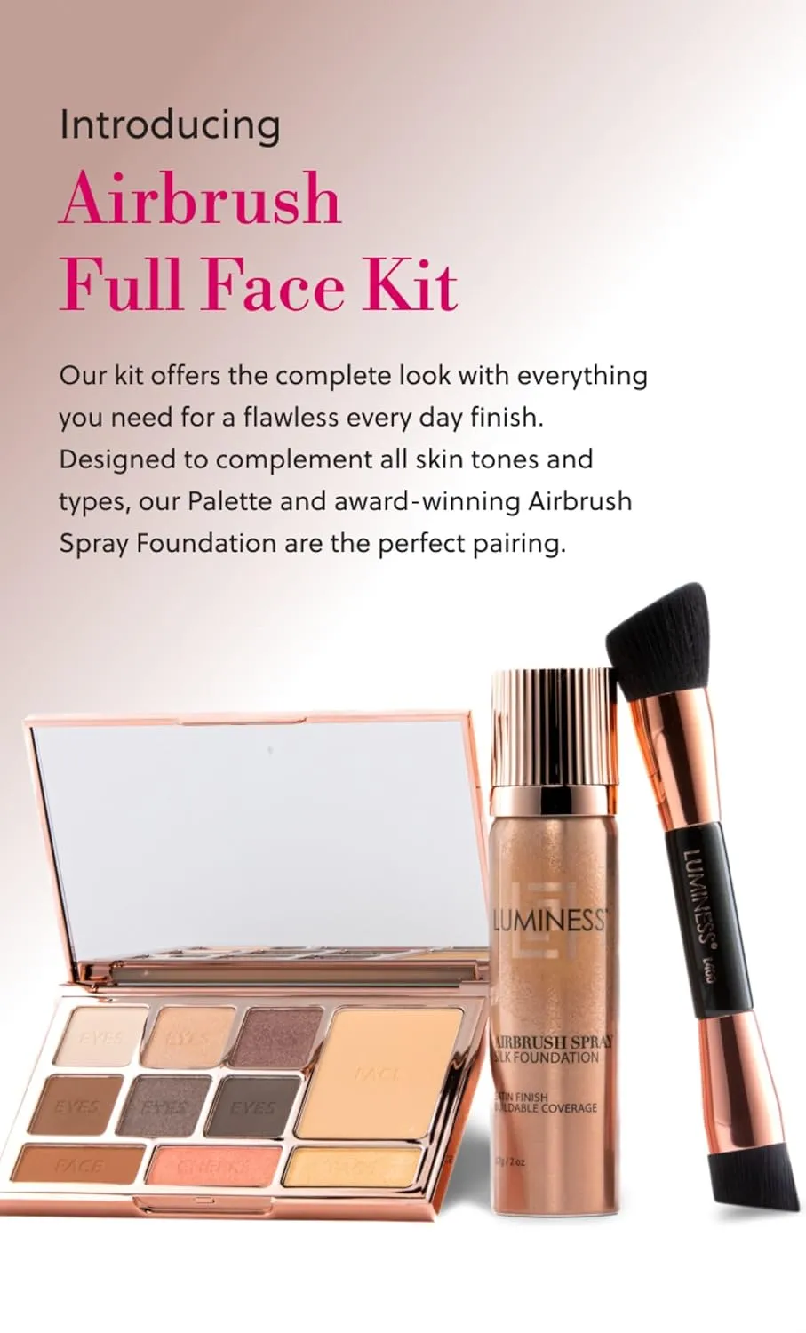 LUMINESS Face Time All In One Makeup Kit - Includes Face Palette, Airbrush Foundation, and Makeup Brush - Long-Wearing, Silky, Soft, Easy to Blend, 3-PC Make Up Set (05 - Medium Warm)