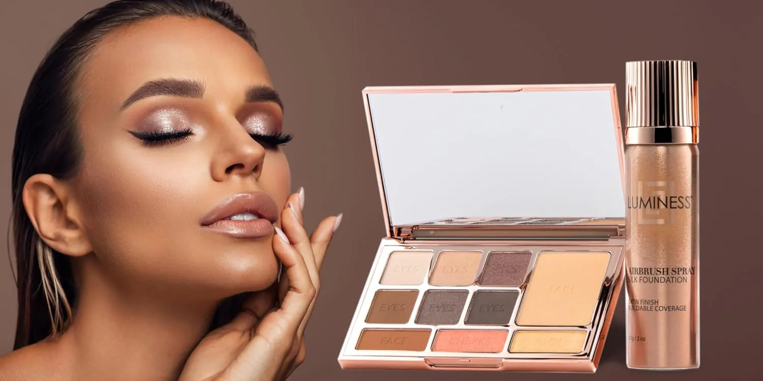 LUMINESS Face Time All In One Makeup Kit - Includes Face Palette, Airbrush Foundation, and Makeup Brush - Long-Wearing, Silky, Soft, Easy to Blend, 3-PC Make Up Set (05 - Medium Warm)
