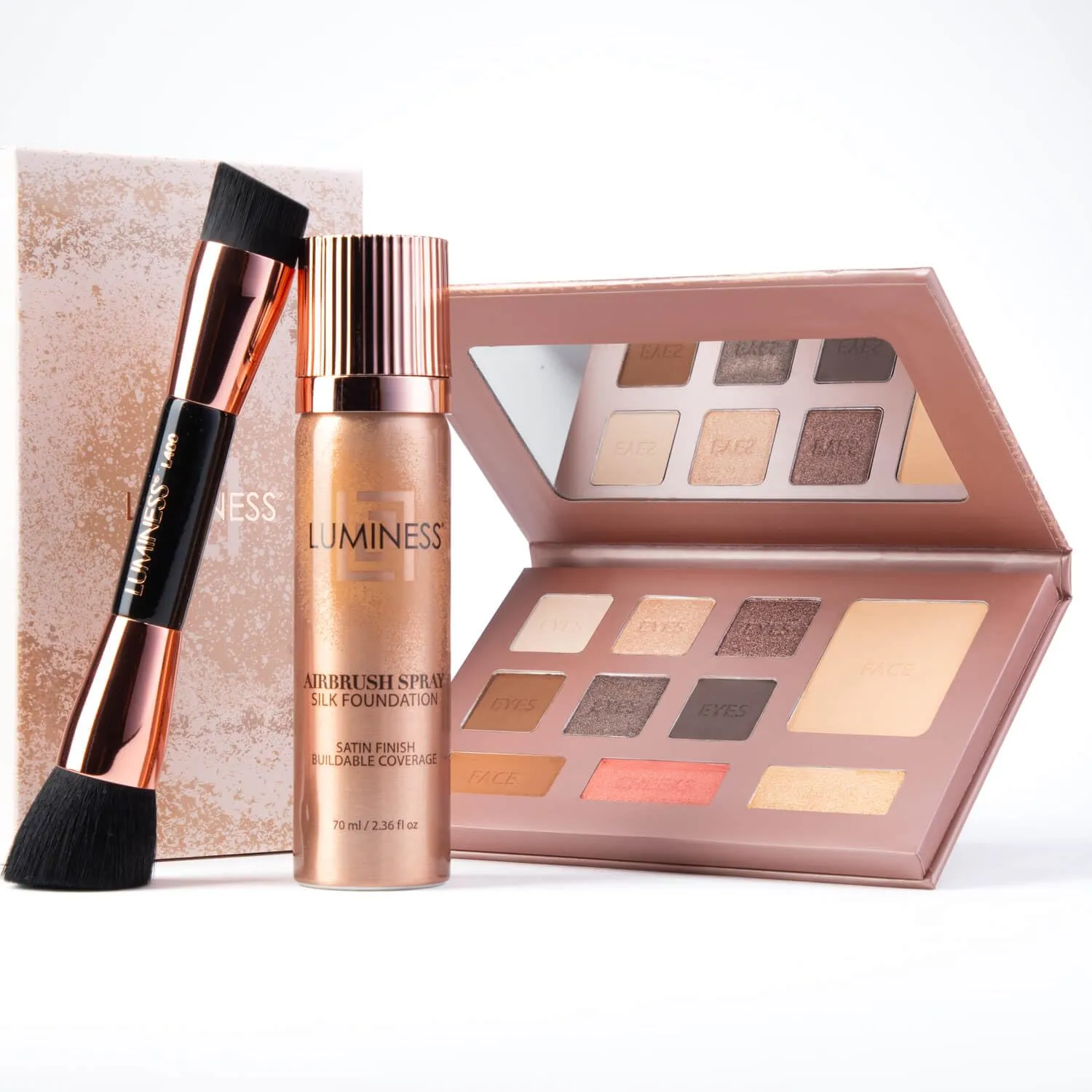LUMINESS Face Time All In One Makeup Kit - Includes Face Palette, Airbrush Foundation, and Makeup Brush - Long-Wearing, Silky, Soft, Easy to Blend, 3-PC Make Up Set (05 - Medium Warm)