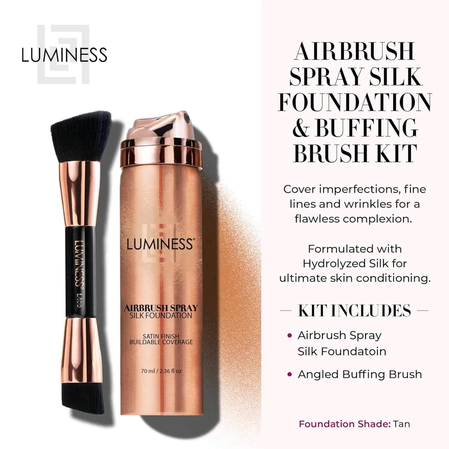 LUMINESS Silk Airbrush Spray Foundation & Buffing Brush Kit – Full Coverage Foundation & Dual-Sided Buffing Brush - Buildable Coverage, Anti-Aging Formula Hydrates & Moisturizes (Shade - Tan)