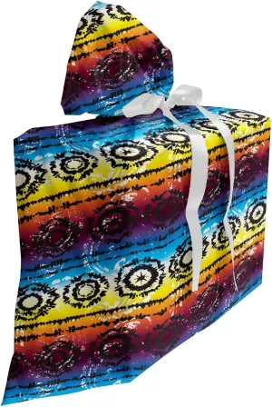 Lunarable Batik Fabric Gift Bag, Hippie Regular Rotary Circles on Rainbow Color Striped Grungy Artisan Design, Present Sack for Parties Birthdays with 3 Ribbons, 27, Multicolor
