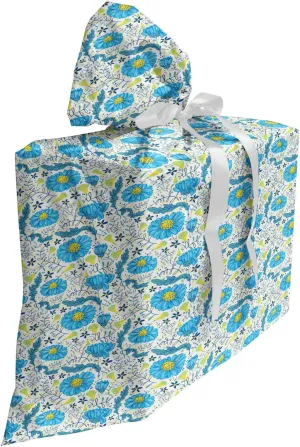 Lunarable Blue Floral Gift Bag, Refreshing Daisy Field Pattern with Doodle Leaves and Little Blossoms, Fabric Party Favor Pouch with 3 Ribbons, 27, Blue Yellow Ivory