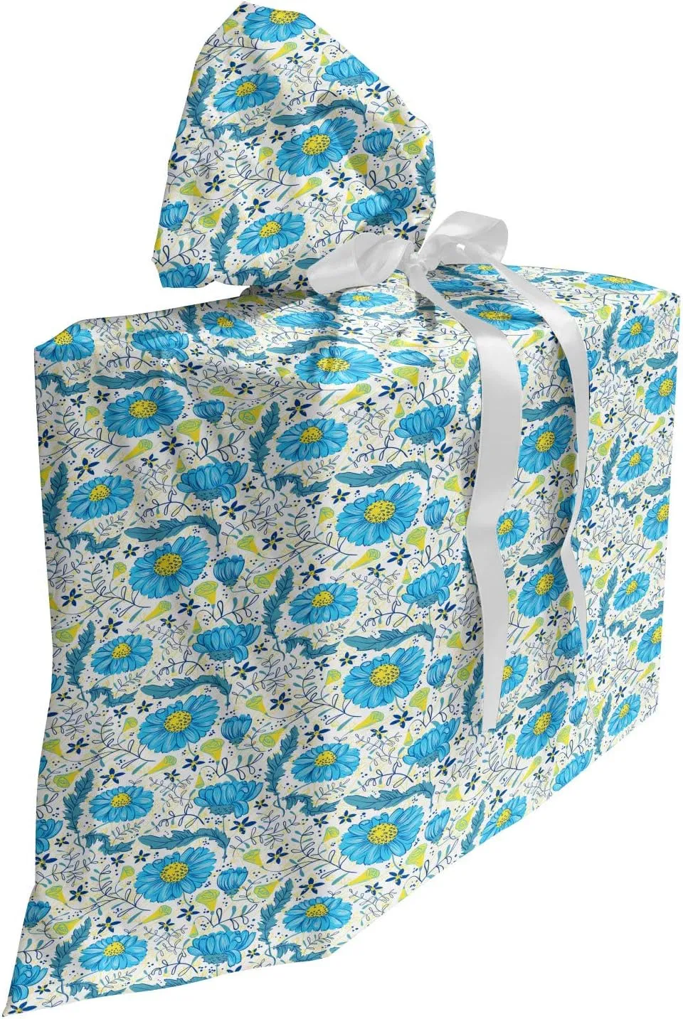 Lunarable Blue Floral Gift Bag, Refreshing Daisy Field Pattern with Doodle Leaves and Little Blossoms, Fabric Party Favor Pouch with 3 Ribbons, 27, Blue Yellow Ivory
