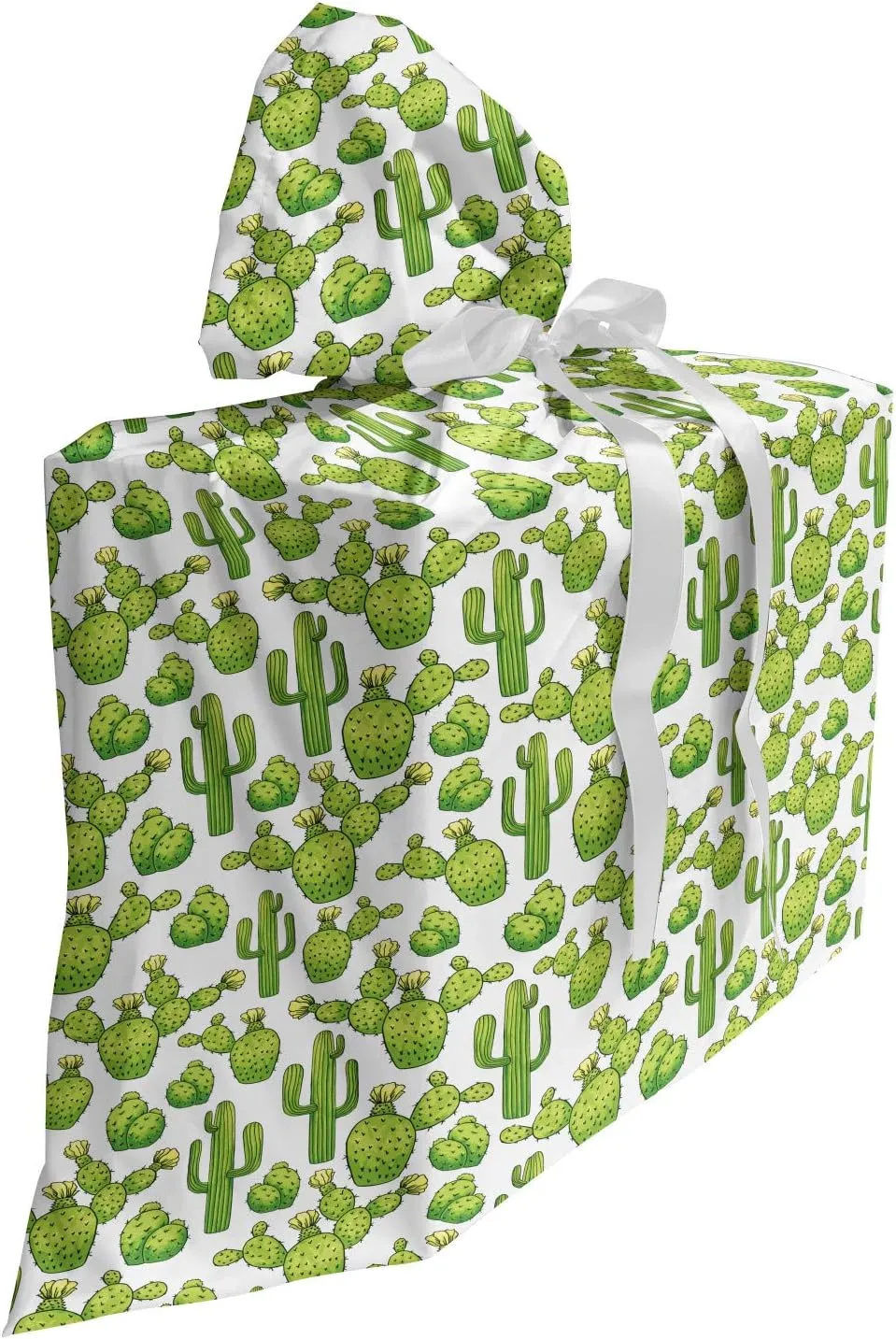 Lunarable Cactus Gift Bag, Spines Thorns Flowers Saguaro Cartoon Wildflower Irregular Style, Fabric Party Favor Pouch with 3 Ribbons, 27, Apple Green Olive Green