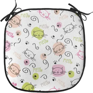 Lunarable Cat Lover Chair Cushion Pad, Cartoon with Paws Curvy Lines Meow Doodle Style Art, Seat Padding for Kitchen & Patio with Anti-Slip Backing, 16"x16", Avocado Green Pale Pink