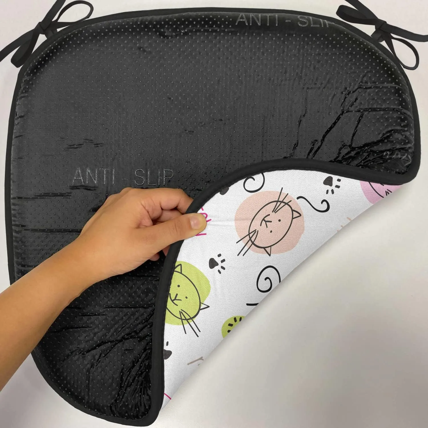 Lunarable Cat Lover Chair Cushion Pad, Cartoon with Paws Curvy Lines Meow Doodle Style Art, Seat Padding for Kitchen & Patio with Anti-Slip Backing, 16"x16", Avocado Green Pale Pink