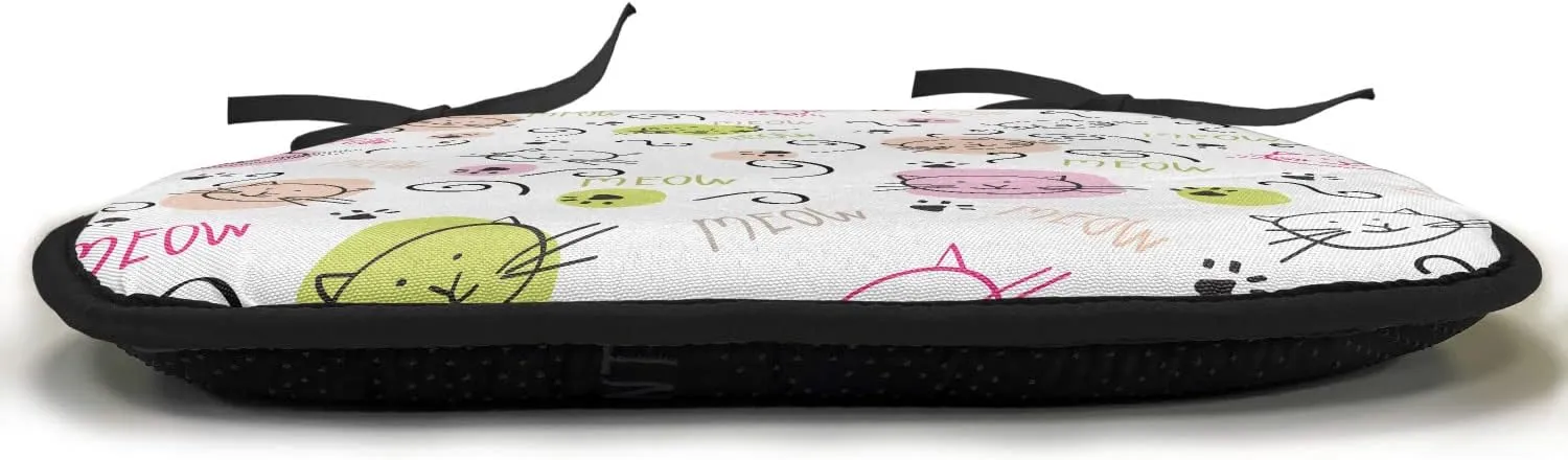 Lunarable Cat Lover Chair Cushion Pad, Cartoon with Paws Curvy Lines Meow Doodle Style Art, Seat Padding for Kitchen & Patio with Anti-Slip Backing, 16"x16", Avocado Green Pale Pink