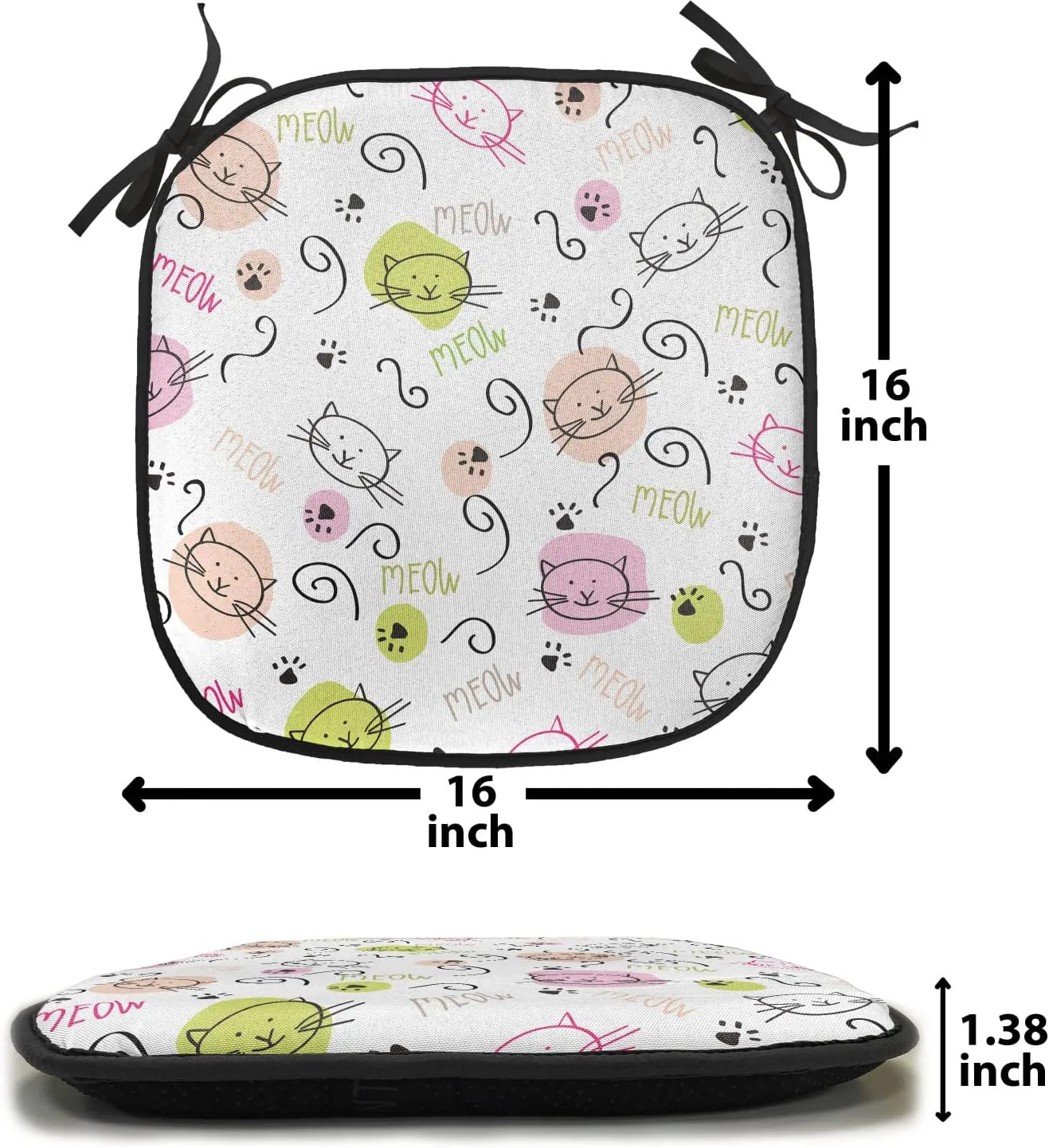 Lunarable Cat Lover Chair Cushion Pad, Cartoon with Paws Curvy Lines Meow Doodle Style Art, Seat Padding for Kitchen & Patio with Anti-Slip Backing, 16"x16", Avocado Green Pale Pink