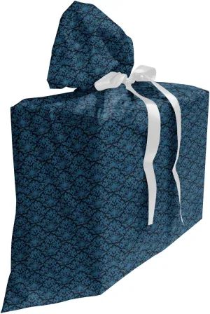 Lunarable Damask Blue Gift Bag, Repetition with Rococo Inspired Royal Style Ornamental Pattern, Fabric Party Favor Pouch with 3 Ribbons, 27, Dark Grey and Turquoise