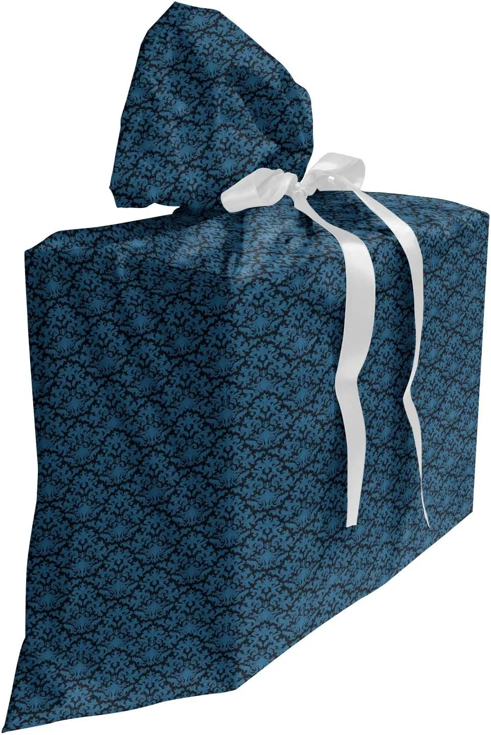 Lunarable Damask Blue Gift Bag, Repetition with Rococo Inspired Royal Style Ornamental Pattern, Fabric Party Favor Pouch with 3 Ribbons, 27, Dark Grey and Turquoise