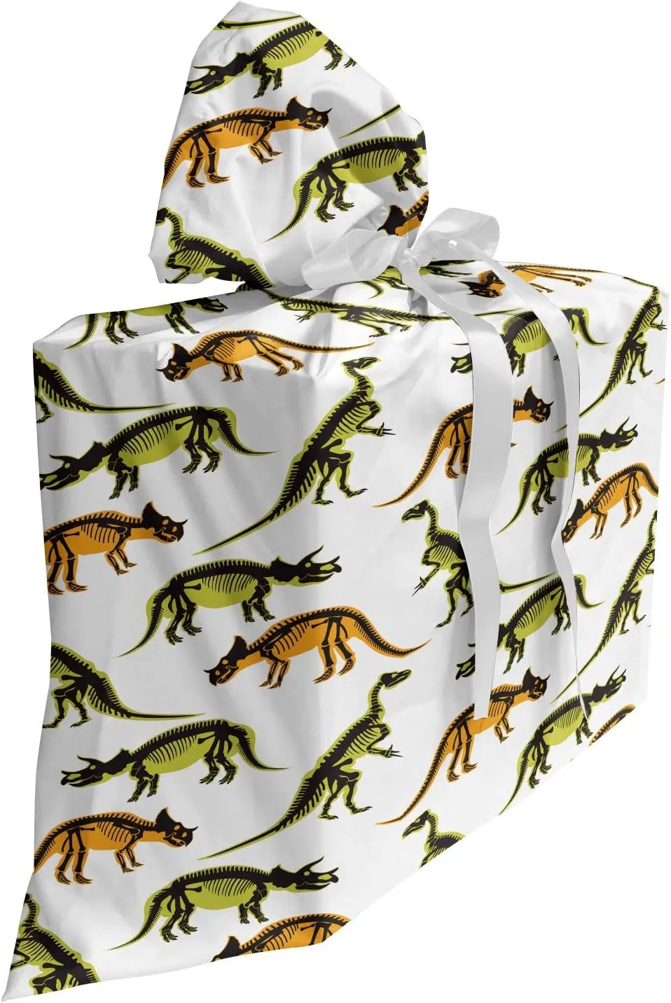 Lunarable Dinosaur Gift Bag, Prehistoric Monsters Jurassic Period Reptiles, Fabric Party Favor Pouch with 3 Ribbons, 27, Orange White Olive Green