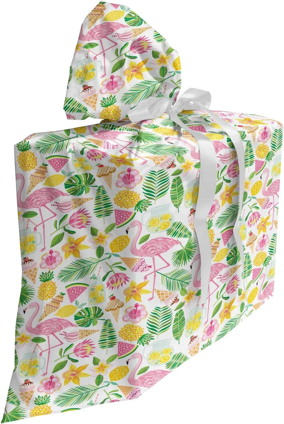 Lunarable Hawaiian Gift Bag, Tropic Flamingos Monstera and Palm Leaves with Pineapples Exotic Hawaiian Elements, Fabric Party Favor Pouch with 3 Ribbons, 27, Multicolor
