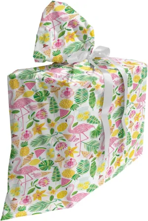 Lunarable Hawaiian Gift Bag, Tropic Flamingos Monstera and Palm Leaves with Pineapples Exotic Hawaiian Elements, Fabric Party Favor Pouch with 3 Ribbons, 27, Multicolor