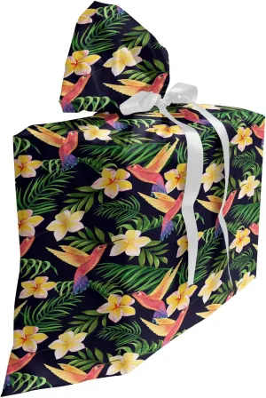 Lunarable Hibiscus Gift Bag, Interpretation of Colorful Botanical Scene with Hummingbirds, Fabric Party Favor Pouch with 3 Ribbons, 27, Multicolor