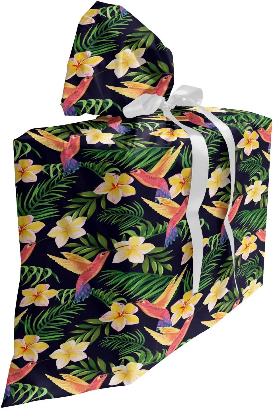 Lunarable Hibiscus Gift Bag, Interpretation of Colorful Botanical Scene with Hummingbirds, Fabric Party Favor Pouch with 3 Ribbons, 27, Multicolor