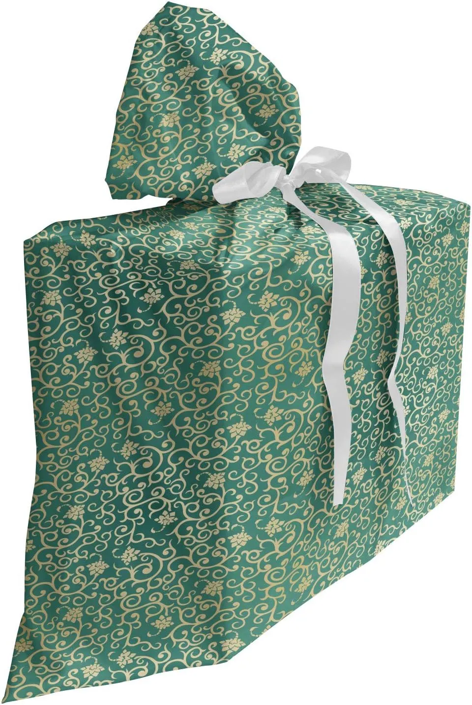 Lunarable Oriental Fabric Gift Bag, Simplistic Demonstration of Bicolour Curlicue Branches and Petals Garden Art, Present Sack for Parties Birthdays with 3 Ribbons, 27, Jade Green Beige