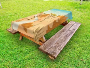 Lunarable Wilderness Outdoor Tablecloth, Desert Cactus Mountain Trees Cartoon Style Arizona Landscape, Decorative Washable Picnic Table Cloth, 58" X 84", Marigold Peach and Pale Blue