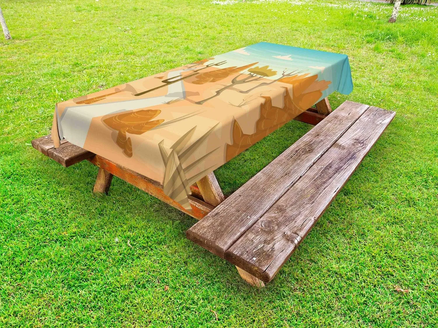 Lunarable Wilderness Outdoor Tablecloth, Desert Cactus Mountain Trees Cartoon Style Arizona Landscape, Decorative Washable Picnic Table Cloth, 58" X 84", Marigold Peach and Pale Blue