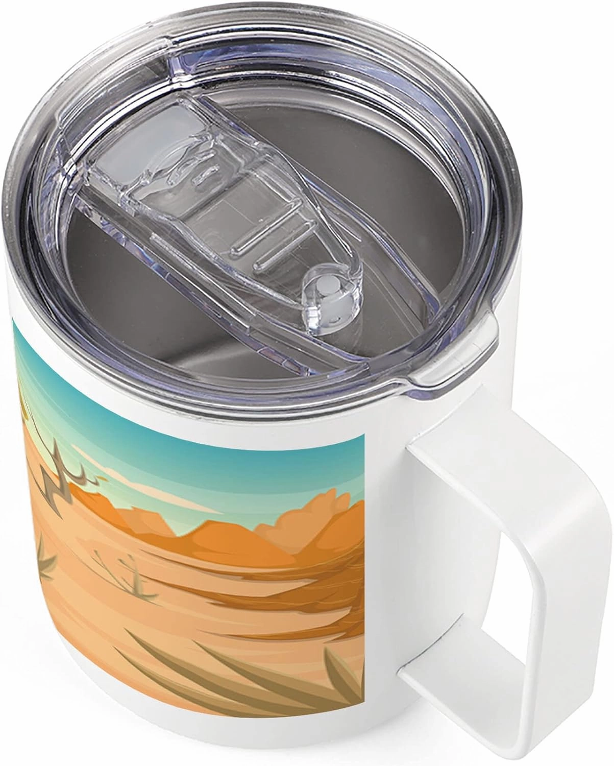 Lunarable Wilderness 10 Oz Steel Mug, Desert Cactus Mountain Trees Cartoon Style Arizona Landscape, Vacuum Insulated Leak-resistant Cup for Outdoor Hiking and Picnics, Marigold Peach