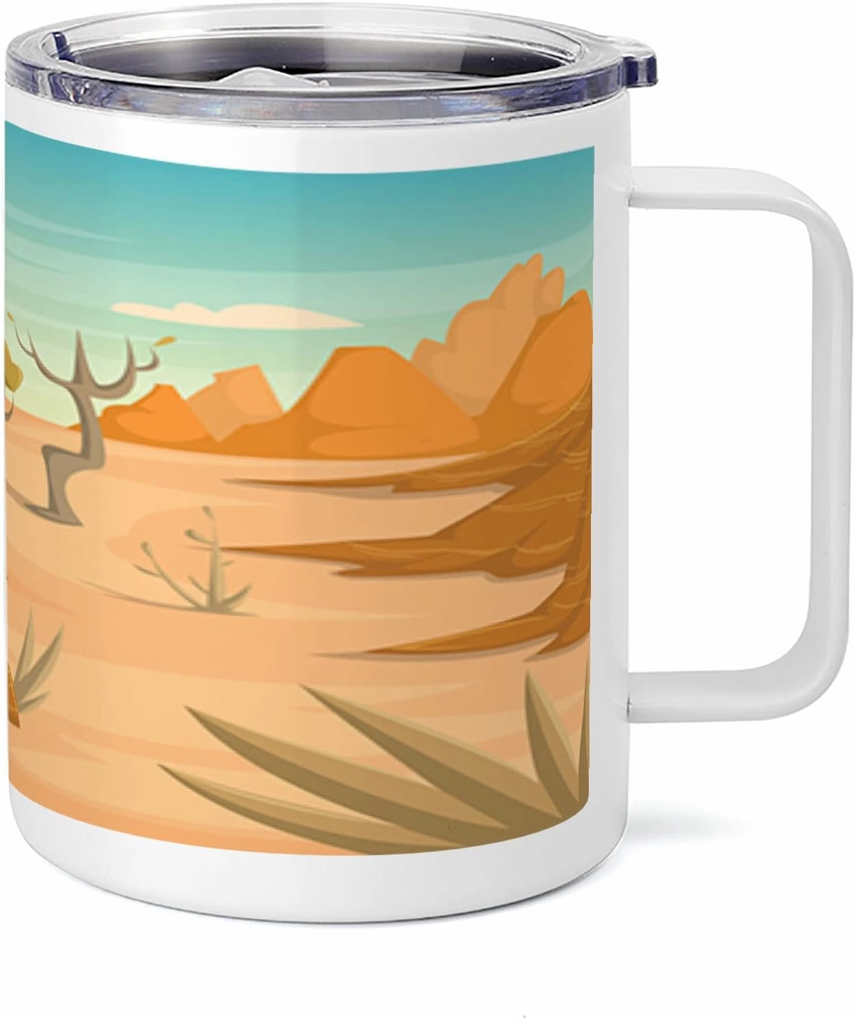 Lunarable Wilderness 10 Oz Steel Mug, Desert Cactus Mountain Trees Cartoon Style Arizona Landscape, Vacuum Insulated Leak-resistant Cup for Outdoor Hiking and Picnics, Marigold Peach