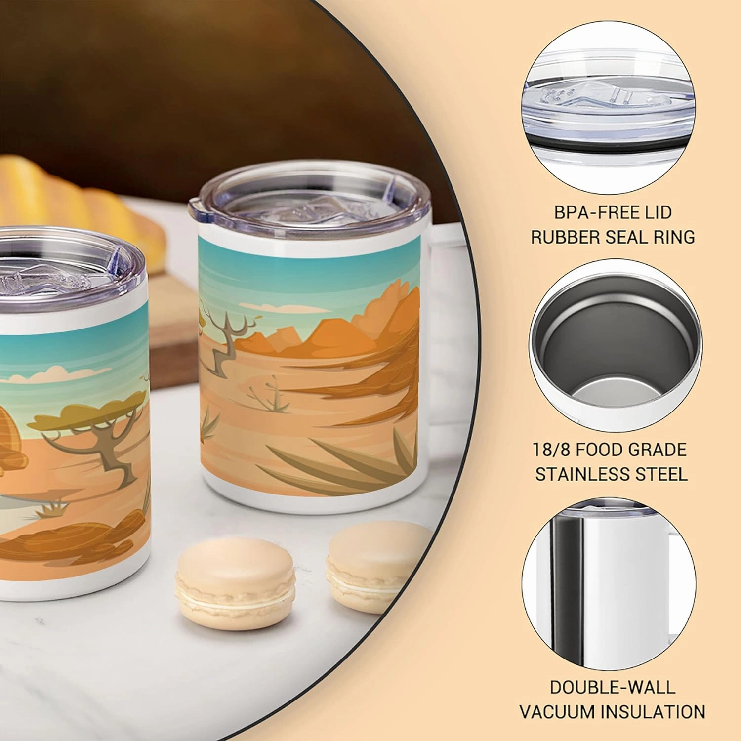 Lunarable Wilderness 10 Oz Steel Mug, Desert Cactus Mountain Trees Cartoon Style Arizona Landscape, Vacuum Insulated Leak-resistant Cup for Outdoor Hiking and Picnics, Marigold Peach