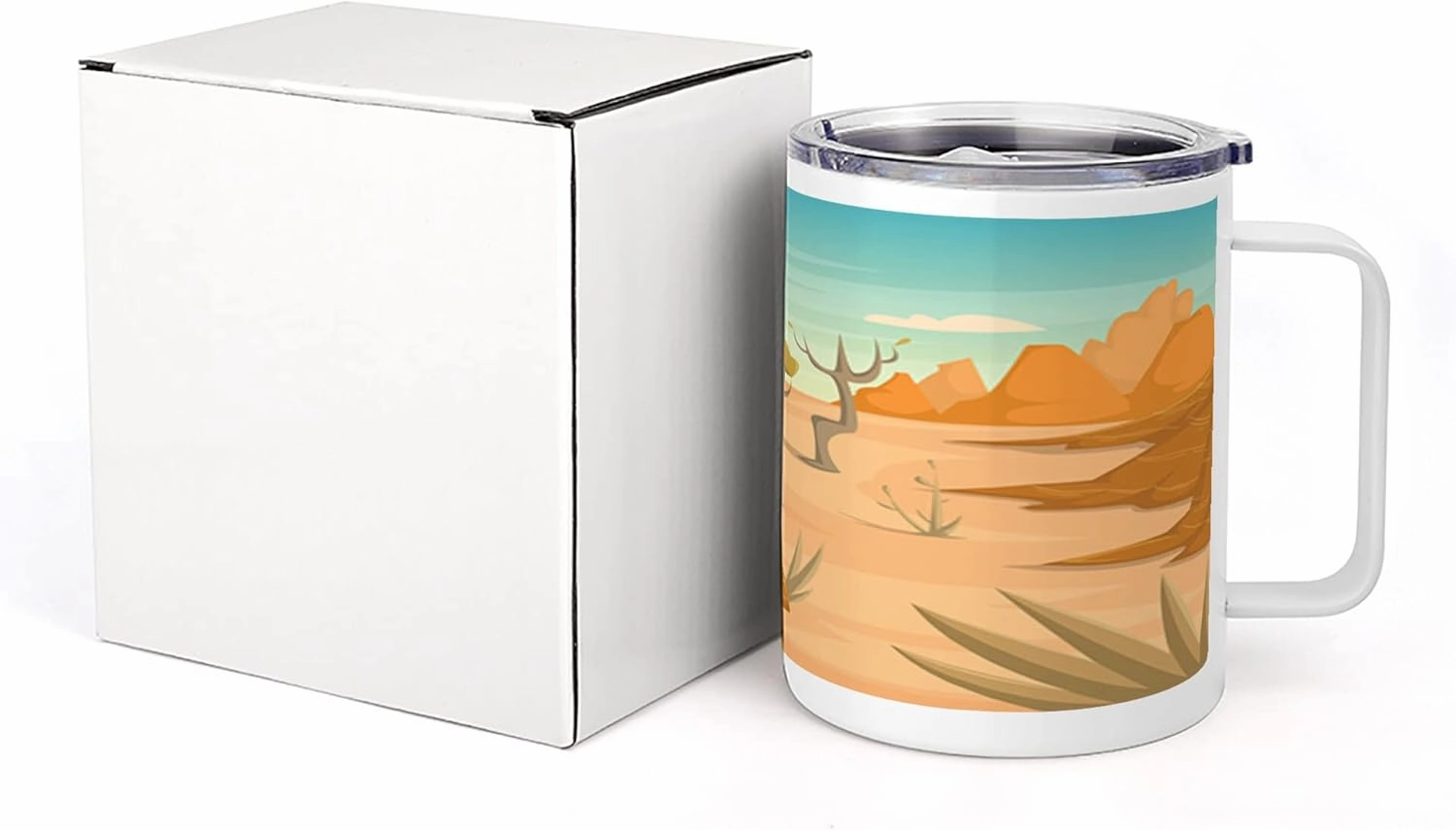Lunarable Wilderness 10 Oz Steel Mug, Desert Cactus Mountain Trees Cartoon Style Arizona Landscape, Vacuum Insulated Leak-resistant Cup for Outdoor Hiking and Picnics, Marigold Peach