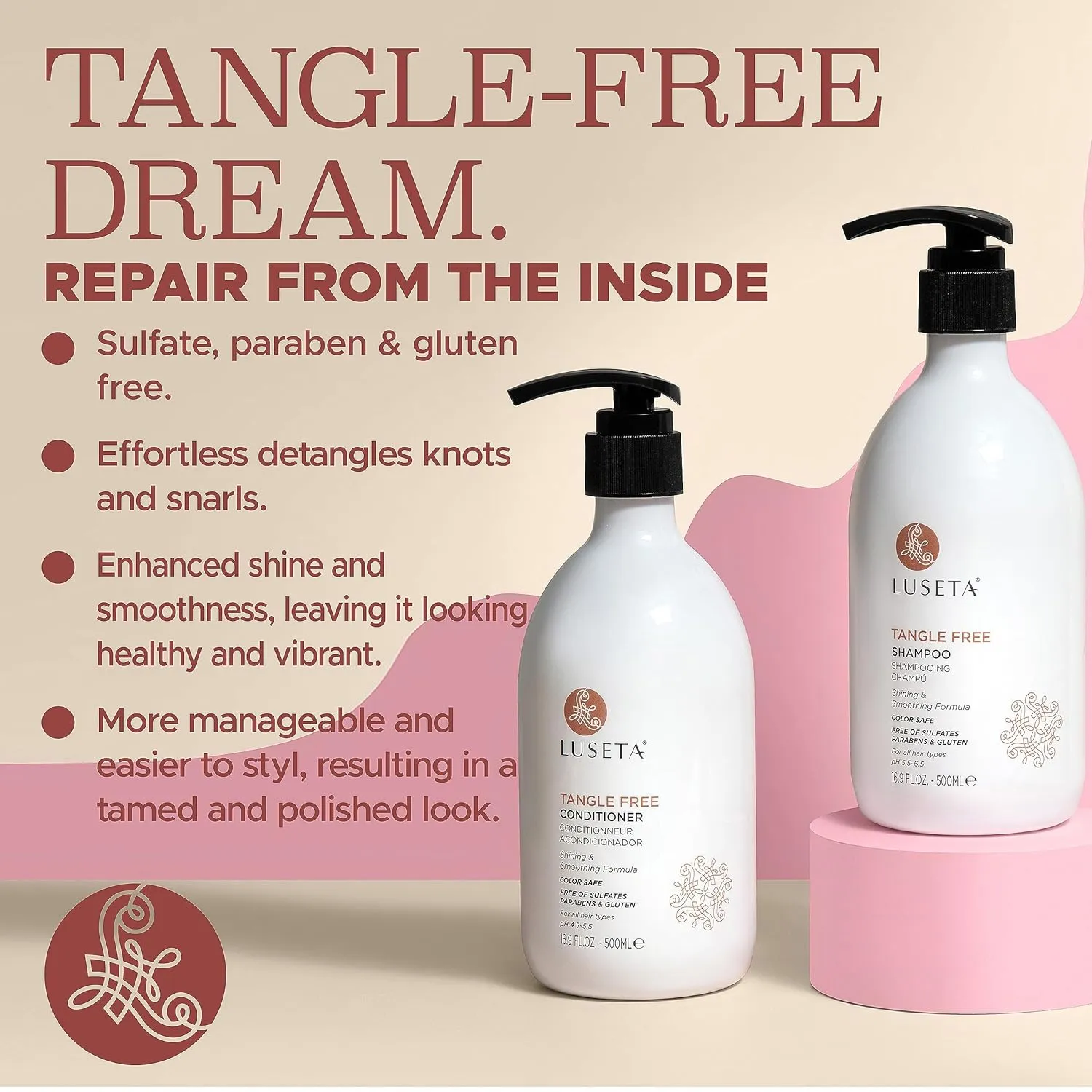 Luseta Tangle Free Routine Shampoo & Conditioner Set for Women and Men Sulfate Free Shampoo and Conditioner for Detangling with Keratin and Argan Oil, Color Safe for Curly and Wavy Hair 2 x 16.9oz